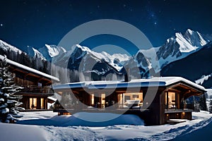 A luxury chalet in the Swiss Alps, with a private outdoor tub overlooking a snow-covered mountain range and starry night sky