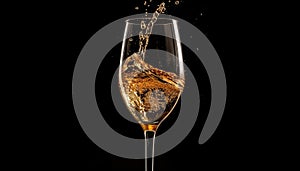 Luxury champagne splashing in crystal wineglass on black background generated by AI