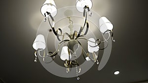 Luxury Chandelier. Close-up shot of modern lighting lamp with light bulbs on on a ceiling