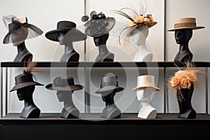 Luxury chic hats and headpieces arranged in elegant display. Generative AI photo