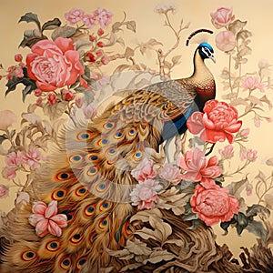 luxury chinoiserie painting style of peony flower with peacock