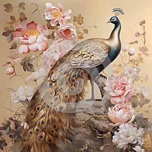 luxury chinoiserie painting style of peony flower with peacock