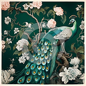 luxury chinoiserie painting style of plum tree with peacock