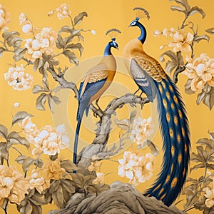 luxury chinoiserie painting style of plum tree with peacock