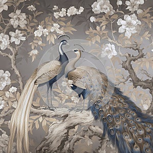 luxury chinoiserie painting style of plum tree with peacock