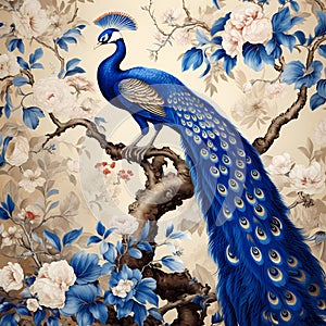 luxury chinoiserie painting style of plum tree with peacock