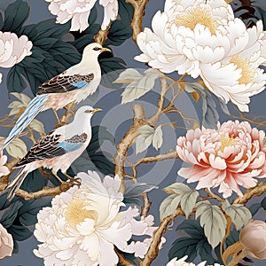 luxury chinoiserie peonies garden with bird with gold foiled art mural painting seamless pattern