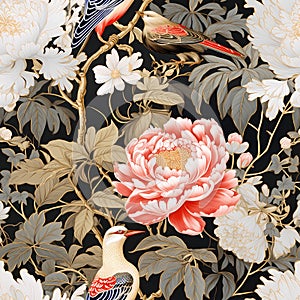 luxury chinoiserie peonies garden with bird with gold foiled art mural painting seamless pattern