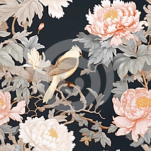 luxury chinoiserie peonies garden with bird with gold foiled art mural painting seamless pattern