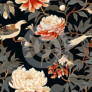 luxury chinoiserie peonies garden with bird with gold foiled art mural painting seamless pattern