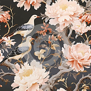 luxury chinoiserie peonies garden with bird with gold foiled art mural painting seamless pattern