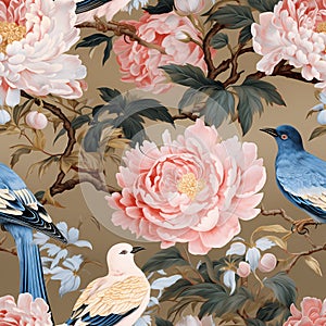 luxury chinoiserie peonies garden with bird with gold foiled art mural painting seamless pattern