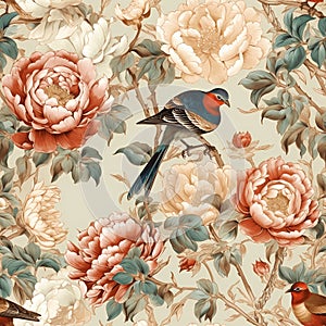 luxury chinoiserie peonies garden with bird with gold foiled art mural painting seamless pattern