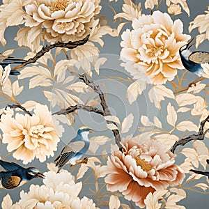 luxury chinoiserie peonies garden with bird with gold foiled art mural painting seamless pattern