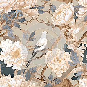 luxury chinoiserie peonies garden with bird with gold foiled art mural painting seamless pattern