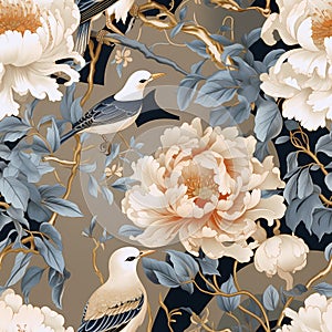 luxury chinoiserie peonies garden with bird with gold foiled art mural painting seamless pattern