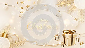 Luxury christmas background, golden ball, pine tree, lamp, gift box, bokeh, blur and snow element on scene.