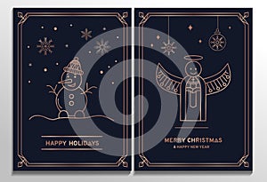 Luxury Christmas cards set. Elegant New year templates with rose gold geometric elements and navy blue background