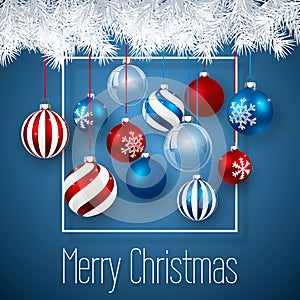 Luxury Christmas design with blue red Christmas balls and Xmas glass ball over blue background. Holiday decoration template.