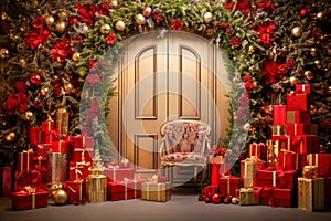 Luxury Christmas Doors With Presents. Holiday Welcome. Presents, Christmas Trees Holly and Garlands. Generative AI