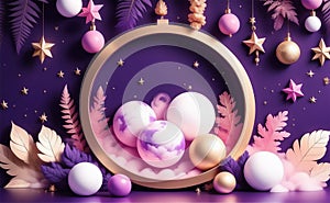 Luxury Christmas and New Year Christmas tree balls on dark background with gold elements with place for text