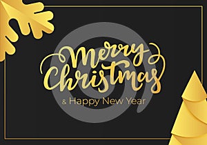 Luxury Christmas and New Year greeting card with gold foil decorations on the background of a black luxe paper