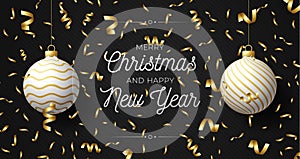 Luxury Christmas and New Year horizontal greeting card with two balls. Christmas card with ornate black and white realistic balls