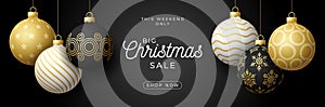 Luxury Christmas sale horizontal banner. Christmas card with ornate black, gold and white realistic balls hang on a thread on