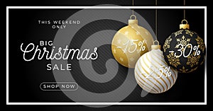 Luxury Christmas sale horizontal banner. Christmas card with ornate black, gold and white realistic balls hang on a thread on