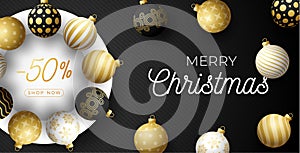 Luxury Christmas sale horizontal banner. Christmas card with ornate black, gold and white realistic balls on white circle and
