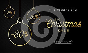 Luxury Christmas sale horizontal banner. Christmas card with outline gold balls hang on a thread on black modern background.