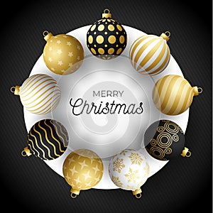 Luxury Christmas sale square banner. Christmas card with ornate black, gold and white realistic balls on white circle and black
