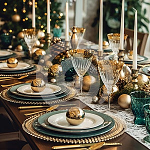 Luxury christmas table setting with new year toys and other festive decor. Christmas and New Year background with plates,