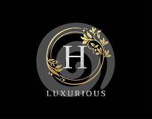 Luxury Circle H Letter Floral Design. Elegant Gold H Royal Logo Icon