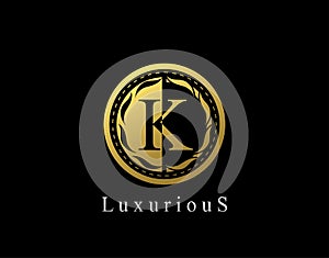 Luxury Circle K Letter Floral Design. Vintage Gold K Royal Logo Icon