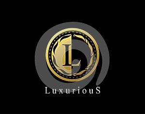 Luxury Circle L Letter Floral Design. Vintage Gold L Royal Logo Icon