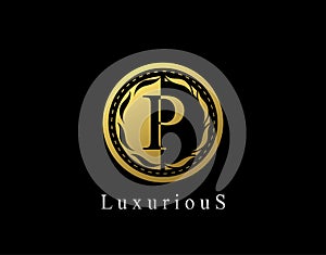 Luxury Circle P Letter Floral Design. Vintage Gold P Royal Logo Icon