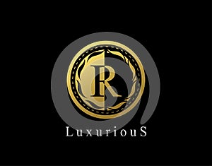 Luxury Circle R Letter Floral Design. Vintage Gold R Royal Logo Icon