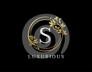 Luxury Circle S Letter Floral Design. Elegant Gold S Royal Logo Icon