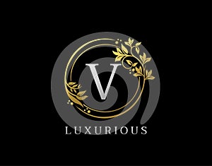 Luxury Circle V Letter Floral Design. Elegant Gold V Royal Logo Icon