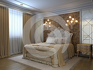 Luxury classic bedroom interior with classic bed, pillows, carpet on the wooden floor, two bedside table, and two mirrors. 3D illu