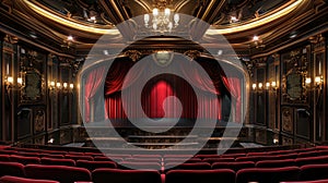 Luxury classic dark theater interior, panorama of empty vintage elegant hall and old wooden stage. Concept of theatre, opera,