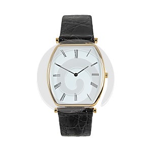 Luxury classic gold watch with a white dial and Roman numerals and a black leather strap