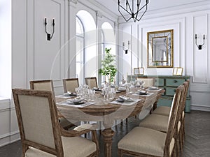Luxury classic interior of dining room, kitchen and living room with white and brown furniture and metal chandeliers