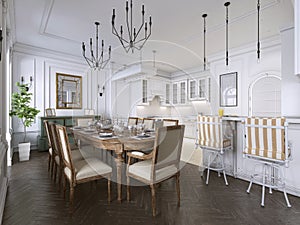 Luxury classic interior of dining room, kitchen and living room with white and brown furniture and metal chandeliers