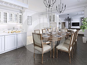 Luxury classic interior of dining room, kitchen and living room with white and brown furniture and metal chandeliers