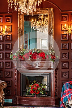 Luxury classic interior of home library. Sitting room with bookshelf, books, arm chair, sofa and fireplace