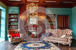 Luxury classic interior of home library. Sitting room with bookshelf, books, arm chair, sofa and fireplace