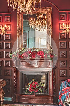 Luxury classic interior of home library. Sitting room with bookshelf, books, arm chair, sofa and fireplace