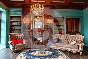 Luxury classic interior of home library. Sitting room with bookshelf, books, arm chair, sofa and fireplace. Clean and modern